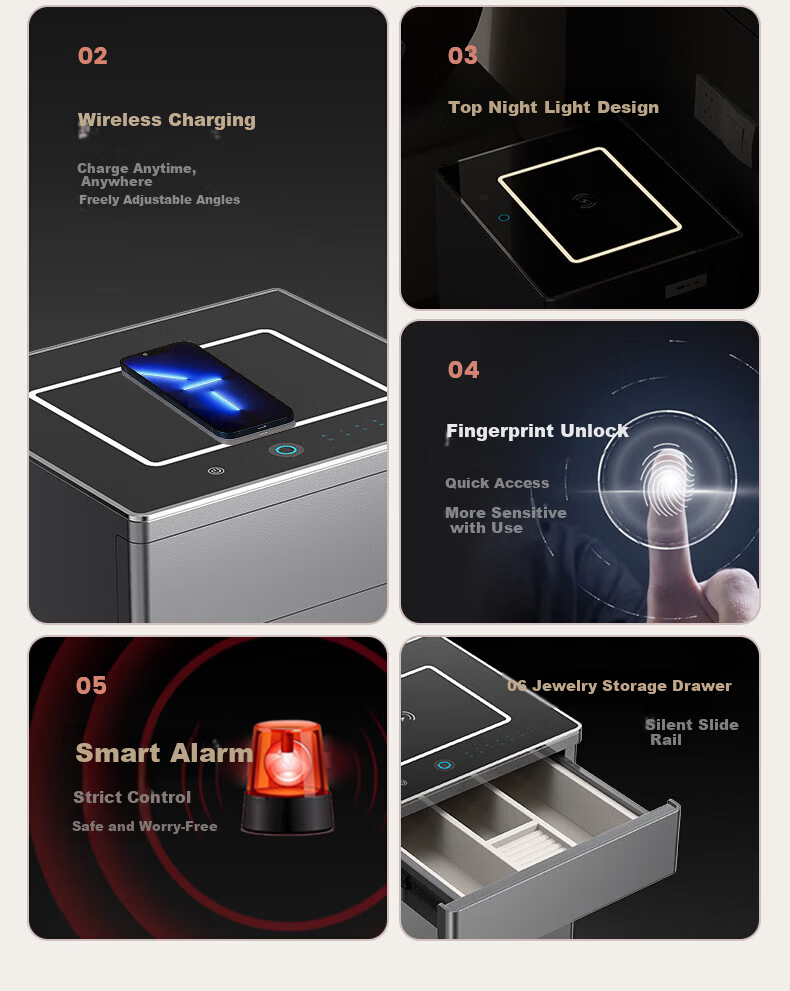 Tiger Brand Home Smart Bedside Safe Small All-Steel Integrated Hidden Anti-Theft Anti-Move Jewelry Storage Cabinet Elegant White Drawer Wireless Charging WIFI Unlock 3