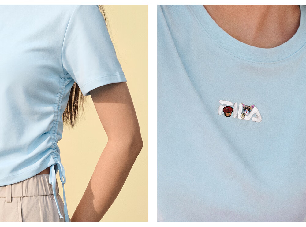 FILA Yang Mi Same Style Knitted Short Sleeve Shirt Women 2026 Summer Side Drawstring Fashion Casual Embroidered Logo Slim T-Shirt 24