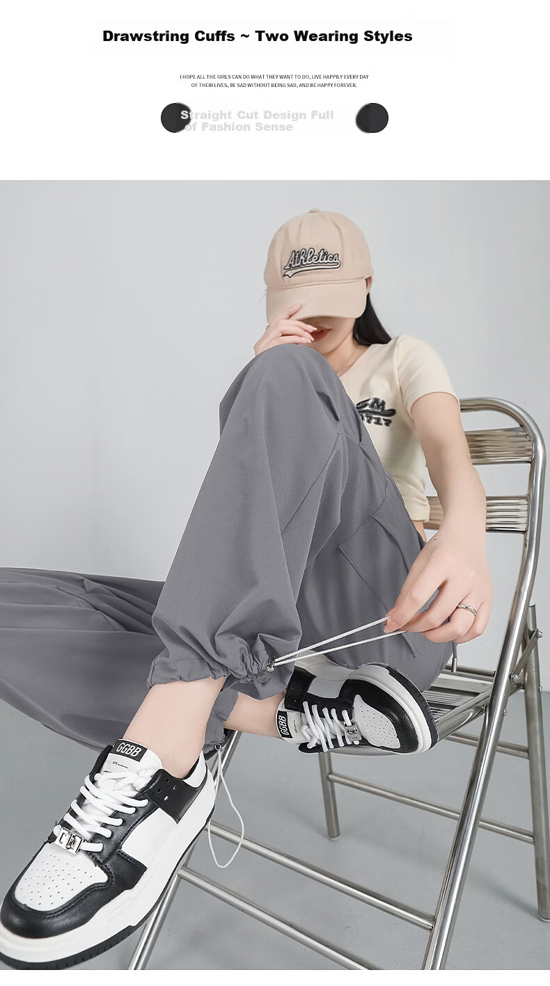 TonLion Women's Summer Cooling Workwear Pants New Wide-Leg Slim Outdoor Sports Drawstring Hem Straight-Leg Trousers 11