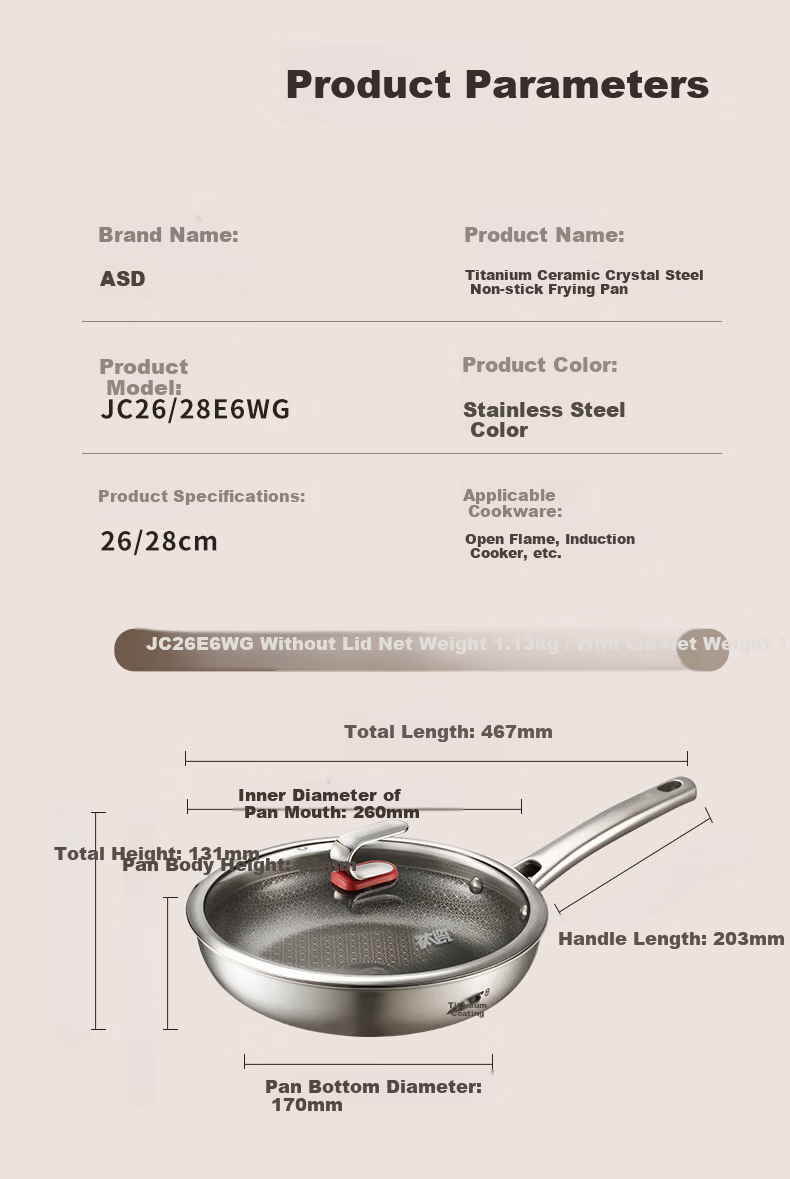 ASD Titanium Ceramic Honeycomb Stainless Steel Non-Stick Frying Pan, Fluorine-Free Coating, Egg and Steak Pan, Compatible with Induction Cookers, Model 28E6 15