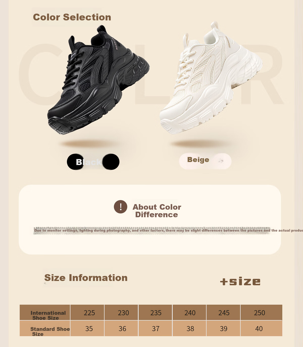 Warrior Thick Sole Dad Shoes Women's New Comfortable Height Increasing Slimming Commuting Casual Shoes Beige Size 39 6