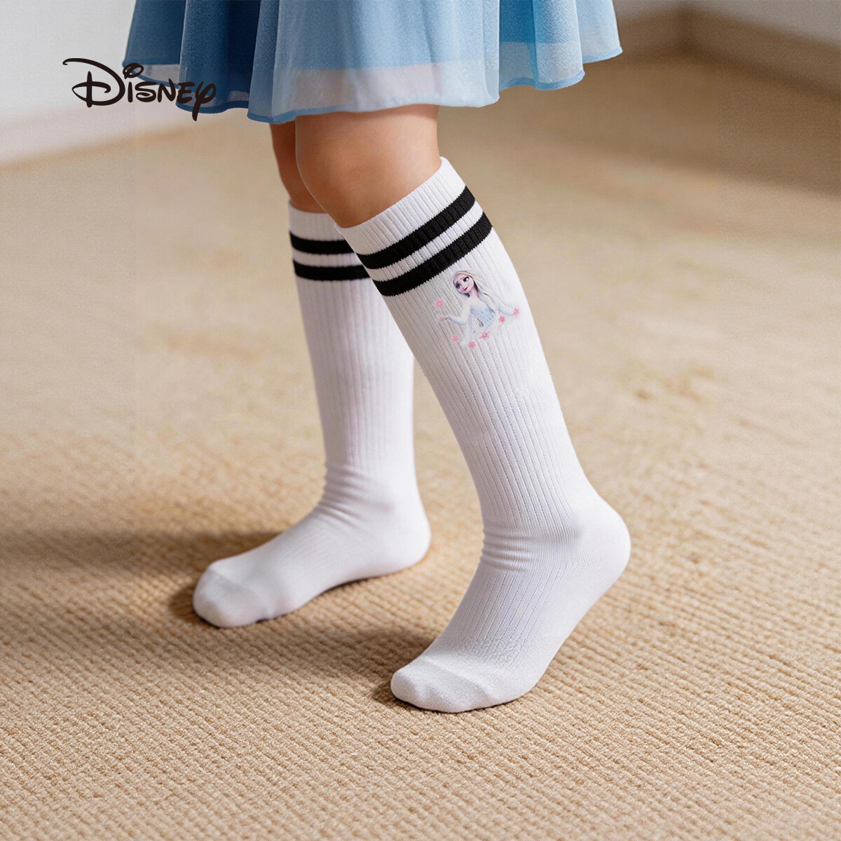 Disney Girls' Long Socks Spring Summer Elsa Mid-Calf Thin Breathable Cotton Socks DSP3604 2 Pairs 16-18cm