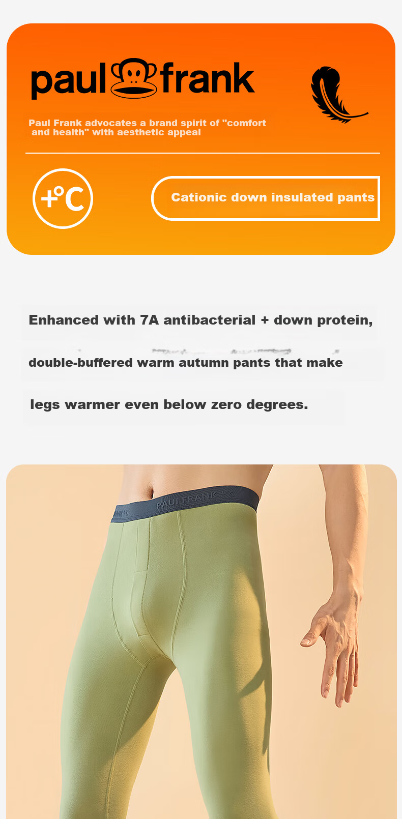 Paul Frank Thermal Underwear for Men, 7A Antibacterial Comfortable Seamless Autumn Pants, High Elasticity Non-Tight High-Waist Large Size Thermal Underwear 2