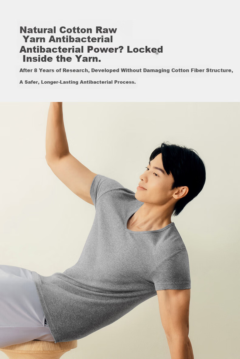 Threegun Men's V-Neck T-Shirt [7A Original Yarn Antibacterial] Pure Cotton Ribbed Stretch Basic Short Sleeve Undershirt (2-Pack) 7