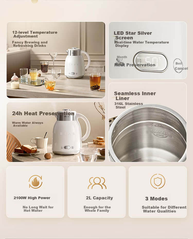 Bear Electric Kettle with Temperature Control 316L Stainless Steel Seamless Inner Liner Multi-Stage Insulation Household 2L Large Capacity Thermostatic Kettle ZDH-H20P5 5