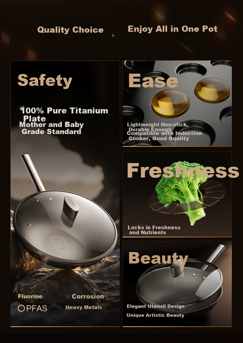 ASD Wok, Pure Titanium Wok, Easy Non-Stick Coating, Household Stir-Frying Pan, Non-Stick Pan, 32cm, Suitable for Gas And Induction Cooktops, Z6 3