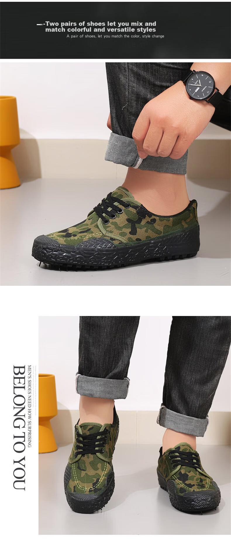 Anxianda Safety Work Shoes Liberation Shoes Construction Camouflage Shoes Unisex Military Training Rubber Shoes Wear-Resistant Non-Slip Canvas Outdoor Hiking Farming Low-Top Sneakers Camouflage Color  10