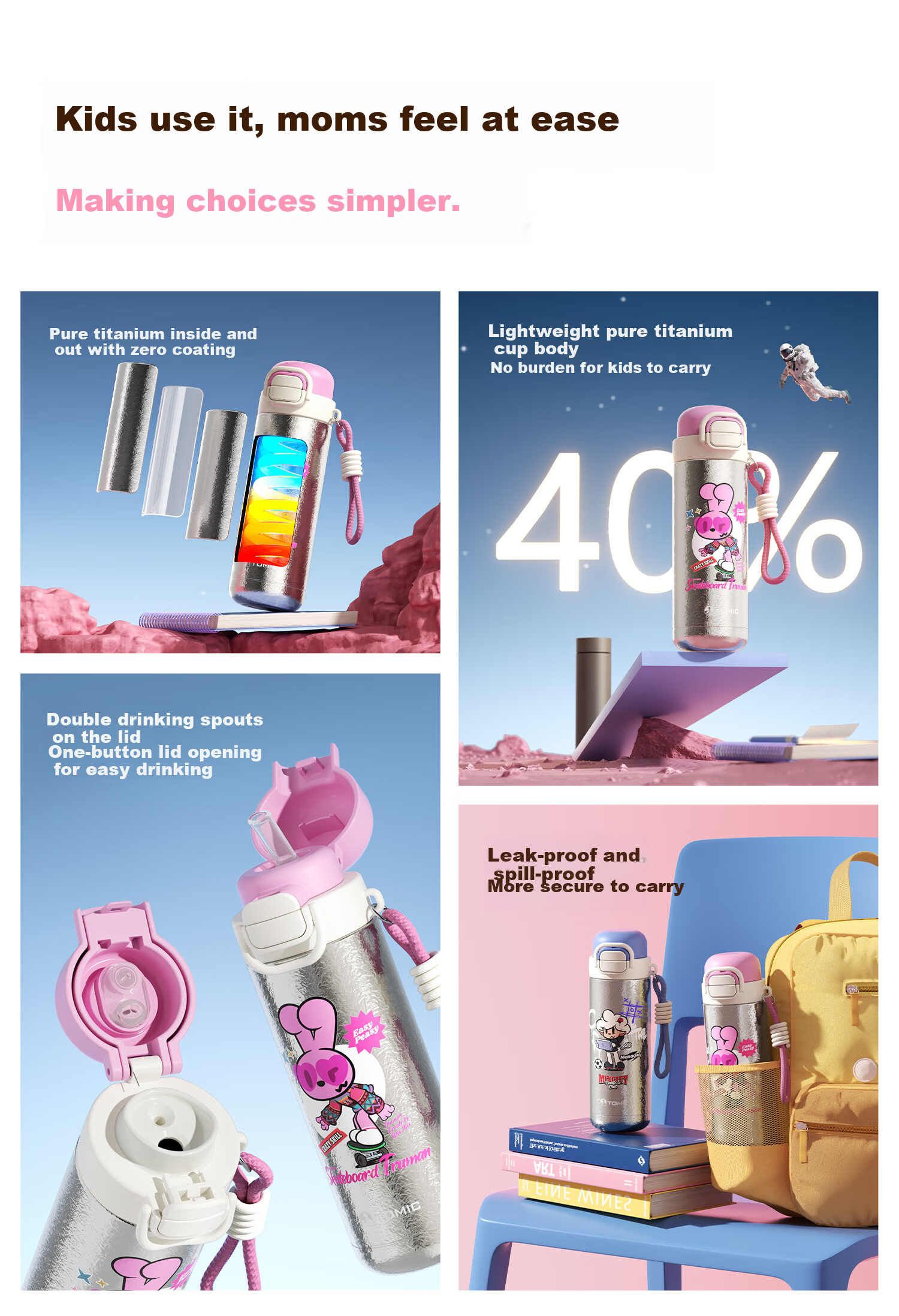 TOMIC Kids Insulated Double Drinking Water Bottle Student Essential School Straw Water Cup Birthday Gift for Boys and Girls 2