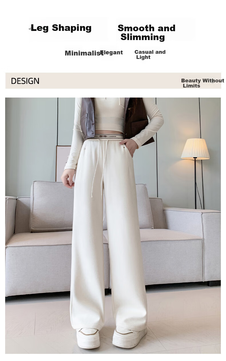 Langsha Spring Women's Pants Mulberry Silk Wool Wide-Leg Thick High-Waist Straight Casual Trousers 1