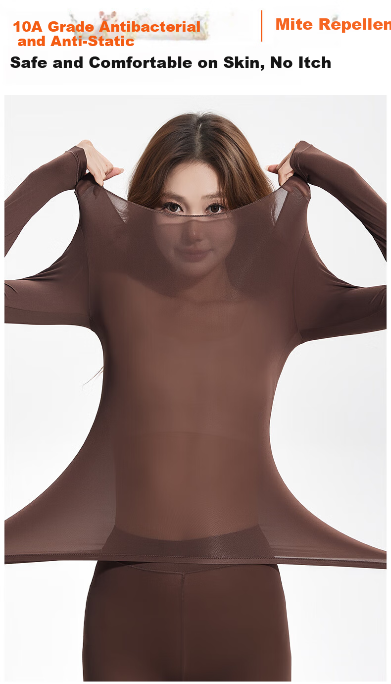 OEING Hyaluronic Acid Ultra-Thin Thermal Underwear for Women, Skin-Enhancing, High Elasticity, Slim Fit, Seamless Autumn and Winter Base Layer Set (Top and Bottom) 12