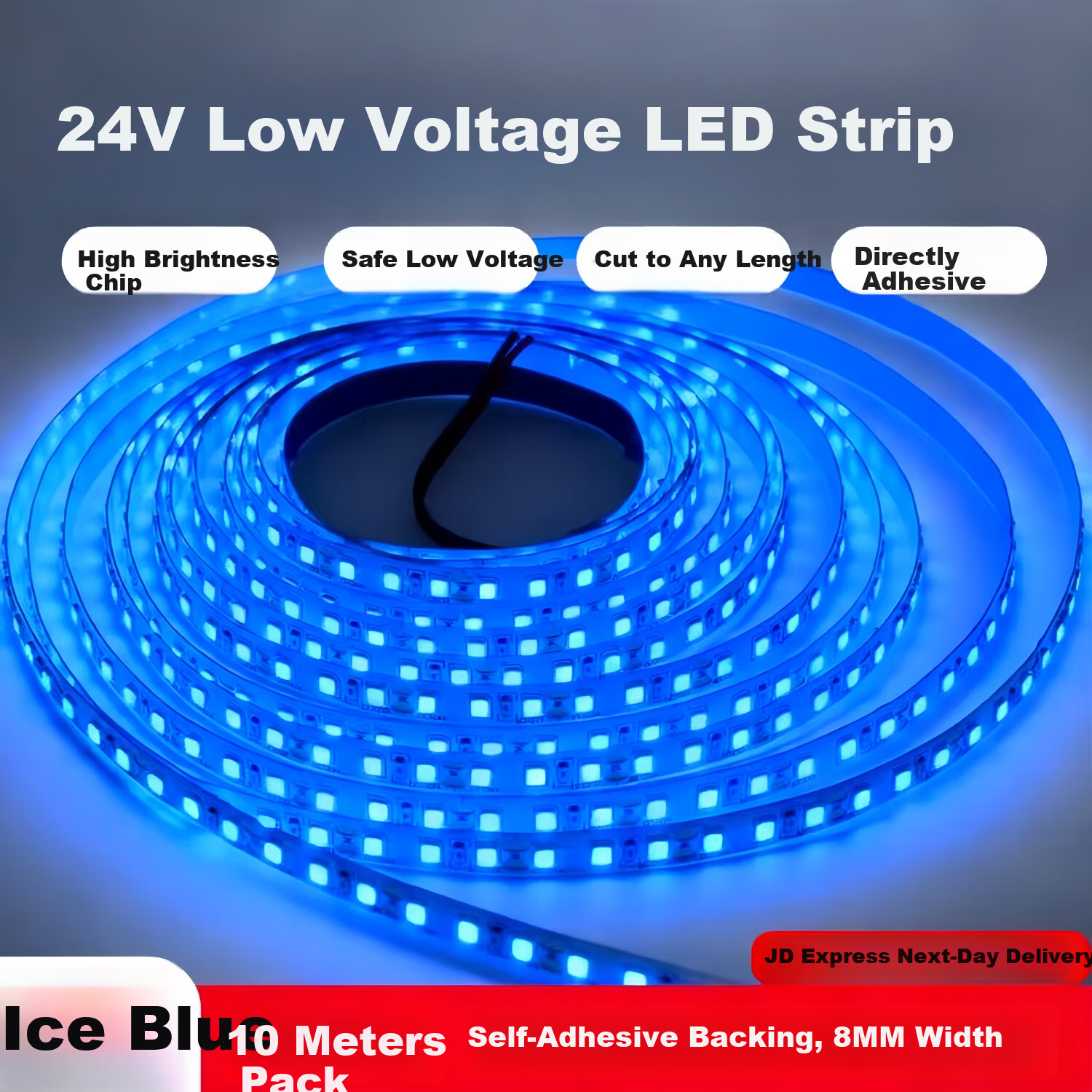 Yunzhizhuo LED Low Voltage 24V 8mm Width Bare Board Light Strip Self-Adhesive Flicker-Free Linear Light Bar Embedded 120 LEDs Ultra-Thin SMD Strip with Back Adhesive 24V Ice Blue 10m