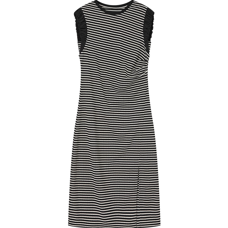 Demana Vintage Overture Summer Lightweight Professional Round Neck Striped Slit Pleated Patchwork Slim Dress for Women Premium Feel