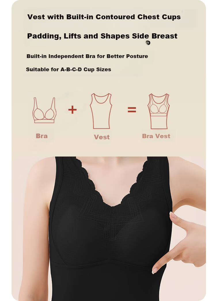 MiiOW Women's Down Silk Thermal Vest with Chest Pad, Bra-Free Lace Innerwear, Heat Retention, Bean Paste Red 2XL 2