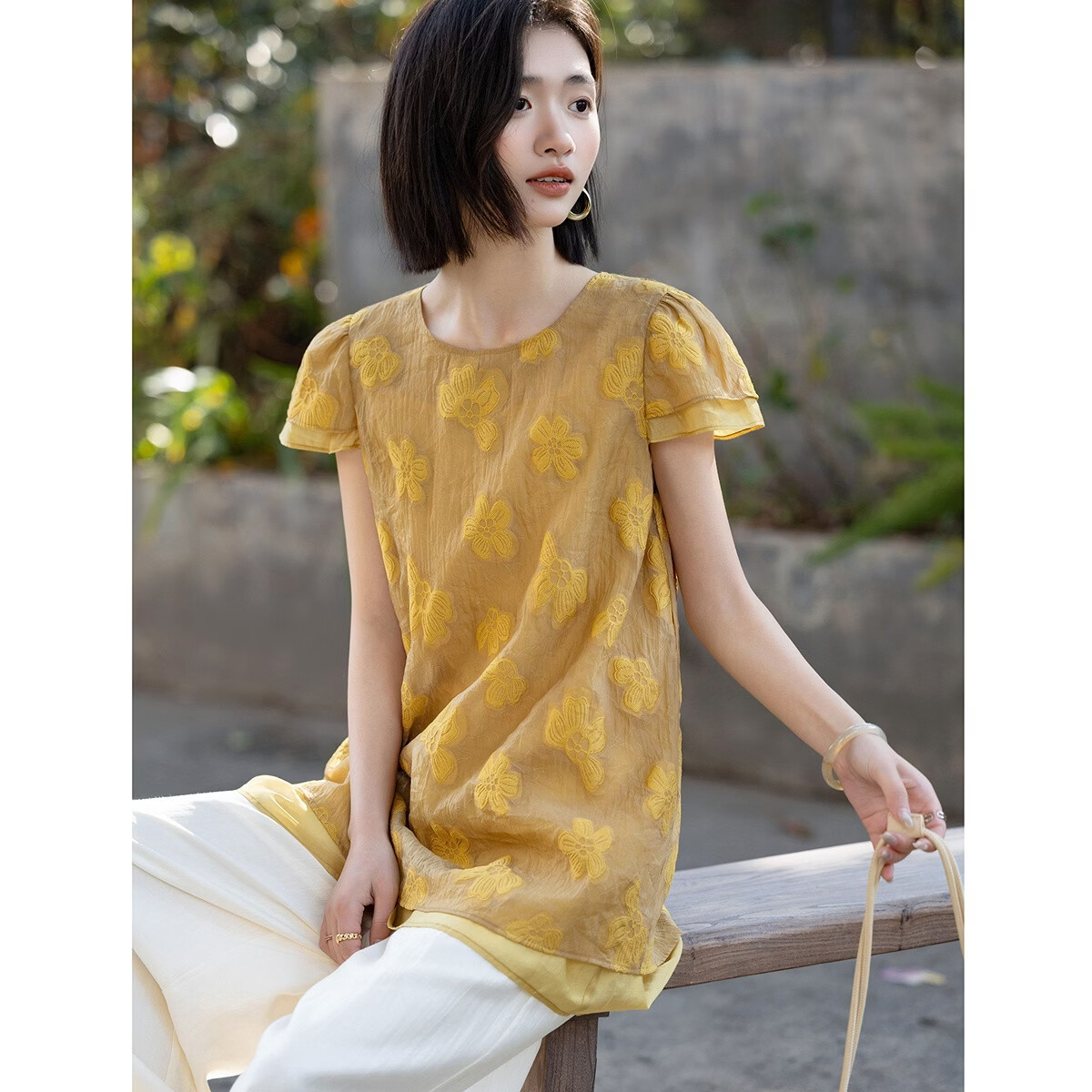 Demana [Lyocell] Summer Elegant Urban Style Round Neck Embroidered Cap Sleeve Patchwork Loose Slim Shirt for Women Premium Feel