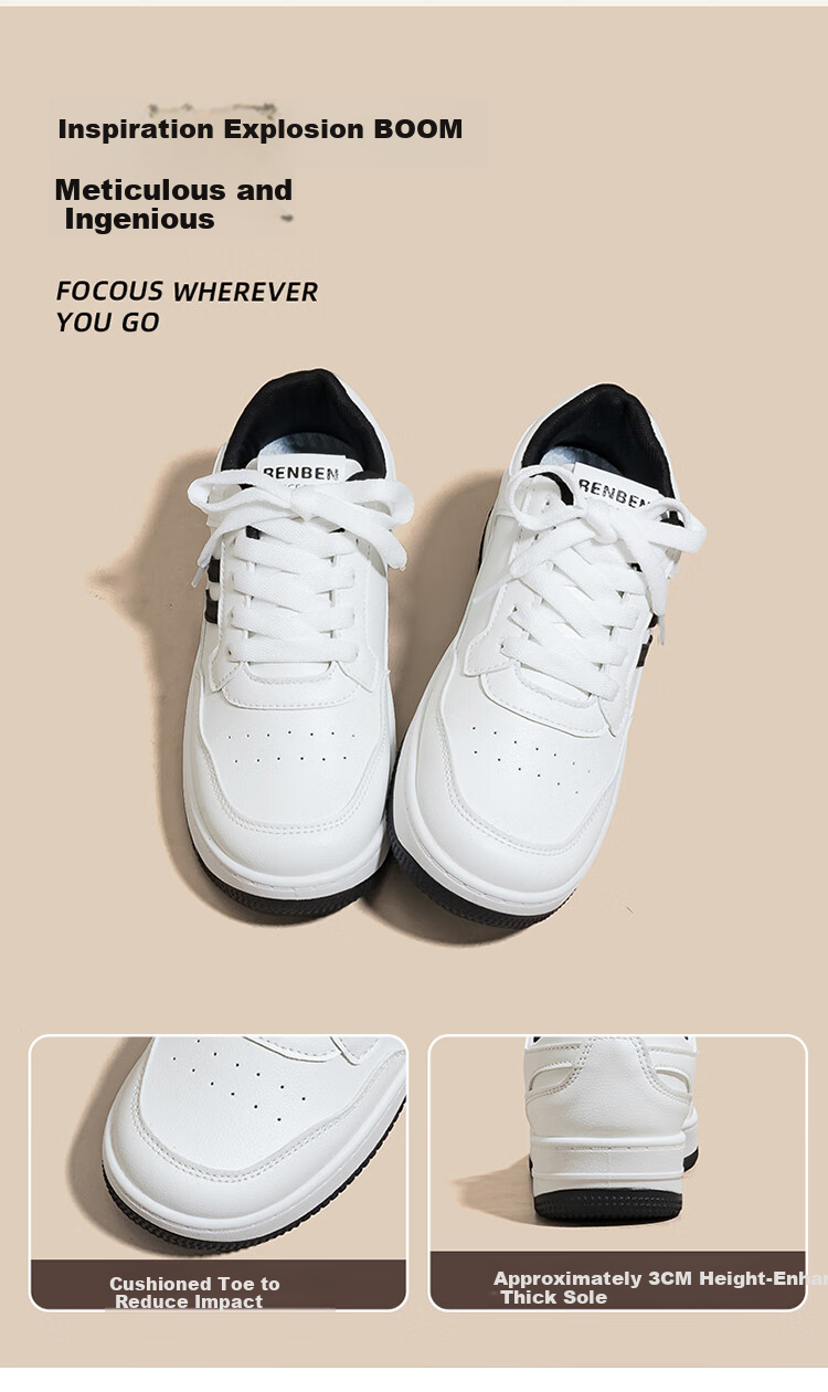 RENBEN Korean Style INS Trendy High-Value Fashion Simple Sneakers Slimming Height-Increasing Lightweight Comfortable Versatile White Shoes for Students 2