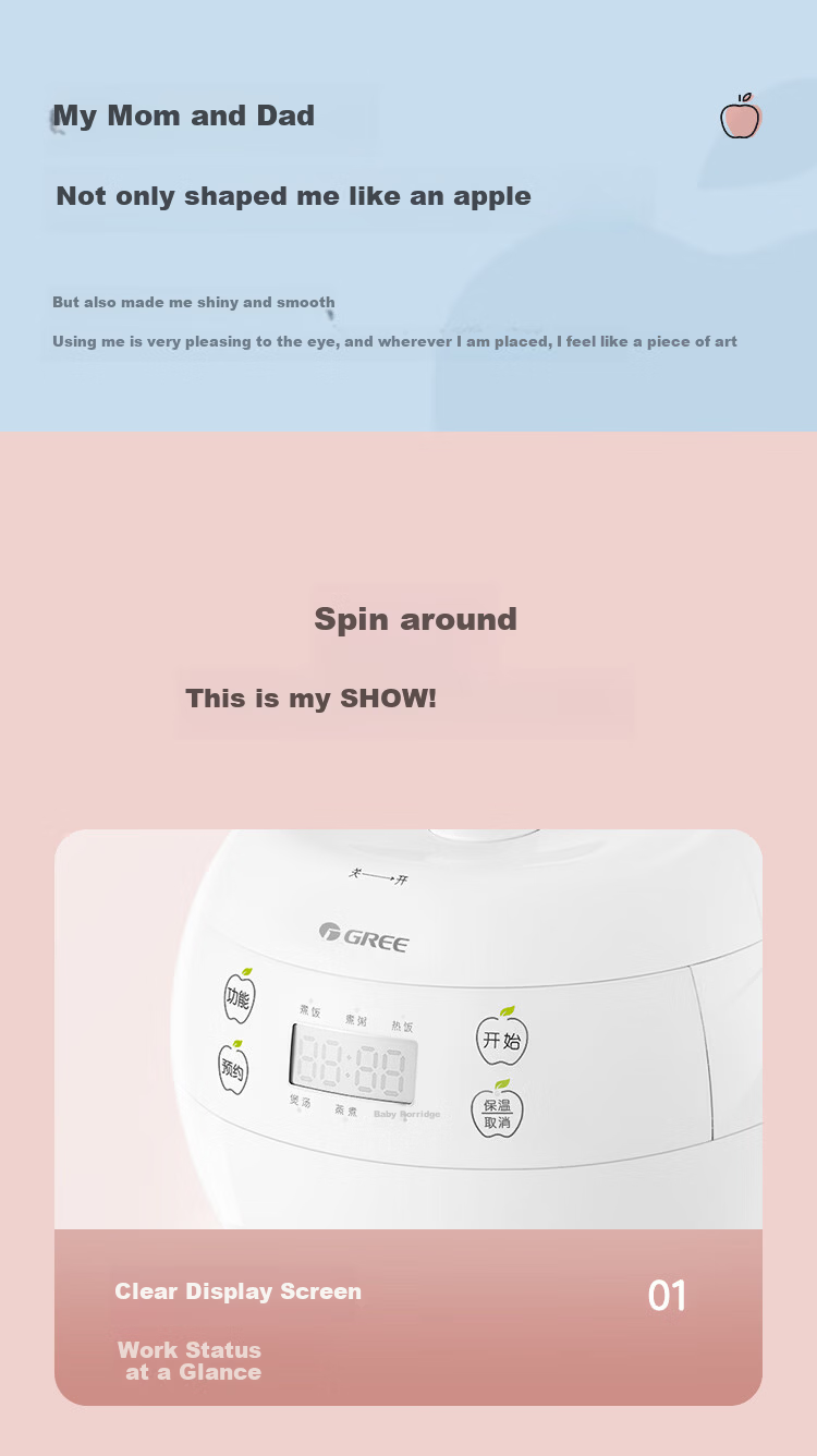 GREE Mini Rice Cooker 2-3 People 2L 316L Stainless Steel Inner Pot Non-Coated Smart Multifunctional Rice Cooker Soup Baby Porridge Single Use 2007C 11