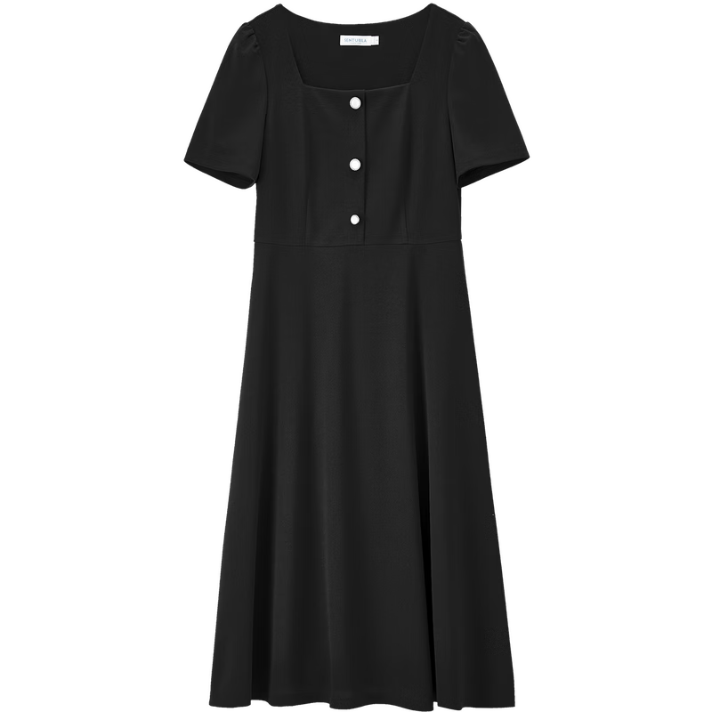 Sentubila Short-Sleeve Dress for Women, Summer Vintage Hepburn Style Elegant Office Dress, Mid-Length A-Line Skirt, Elegant Black, Size S