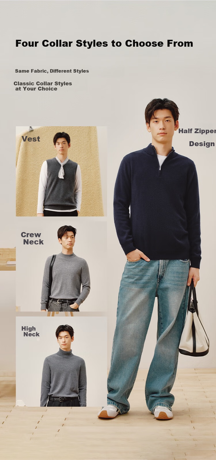 JD Jingzao 100% Cashmere Sweater Men's Wool Pullover Winter High-End Cashmere Knitwear Half-Zip Green 3XL 10