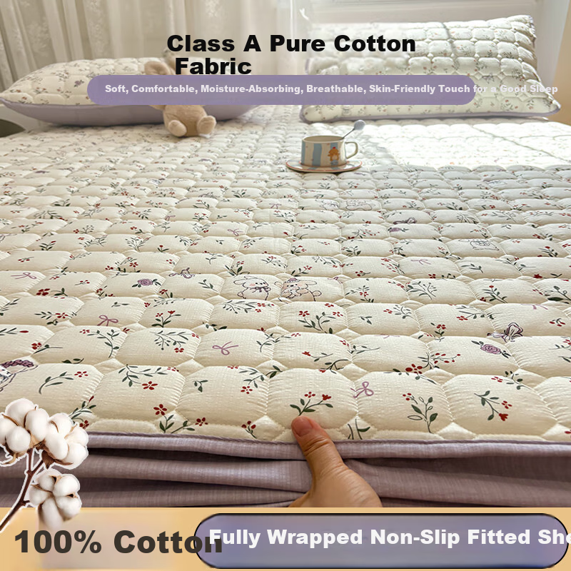 MUJI A-Class 100% Cotton Quilted Fitted Sheet Single Piece Pure Cotton Mattress Protector Cover 1.8x2m Bed