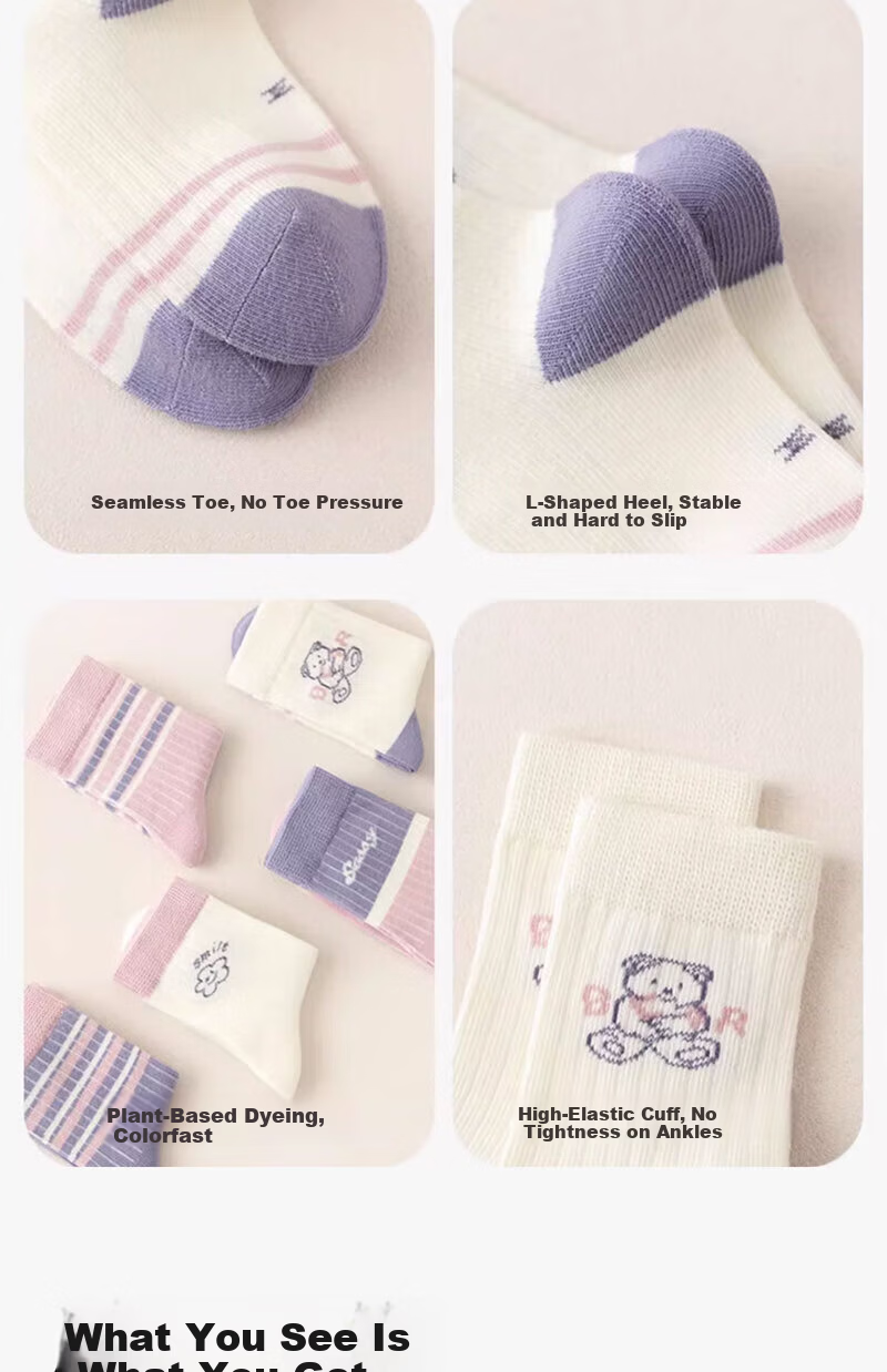Cotton Full Children's Socks Xinjiang Cotton 10A Antibacterial Mite-Resistant Girls Mid-High Tube Spring Autumn 5 Pairs 10