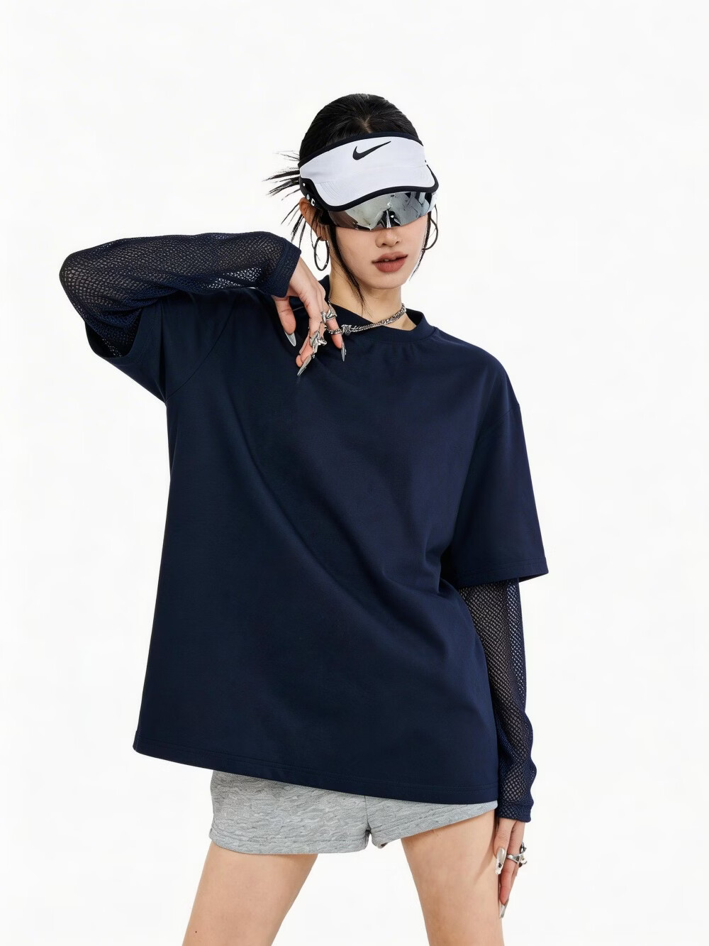 ICH MODE American Vintage Two-in-One Long Sleeve T-Shirt Women 2026 New Summer Casual Simple Top Navy Blue L 10
