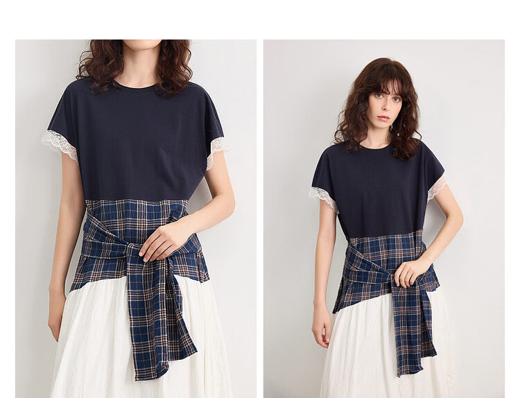 Demana Soft Cloud Oxygen Cotton Summer Korean Style Plaid Patchwork Lace Trim Elegant A-Line Mid-Length Dress for Women 5