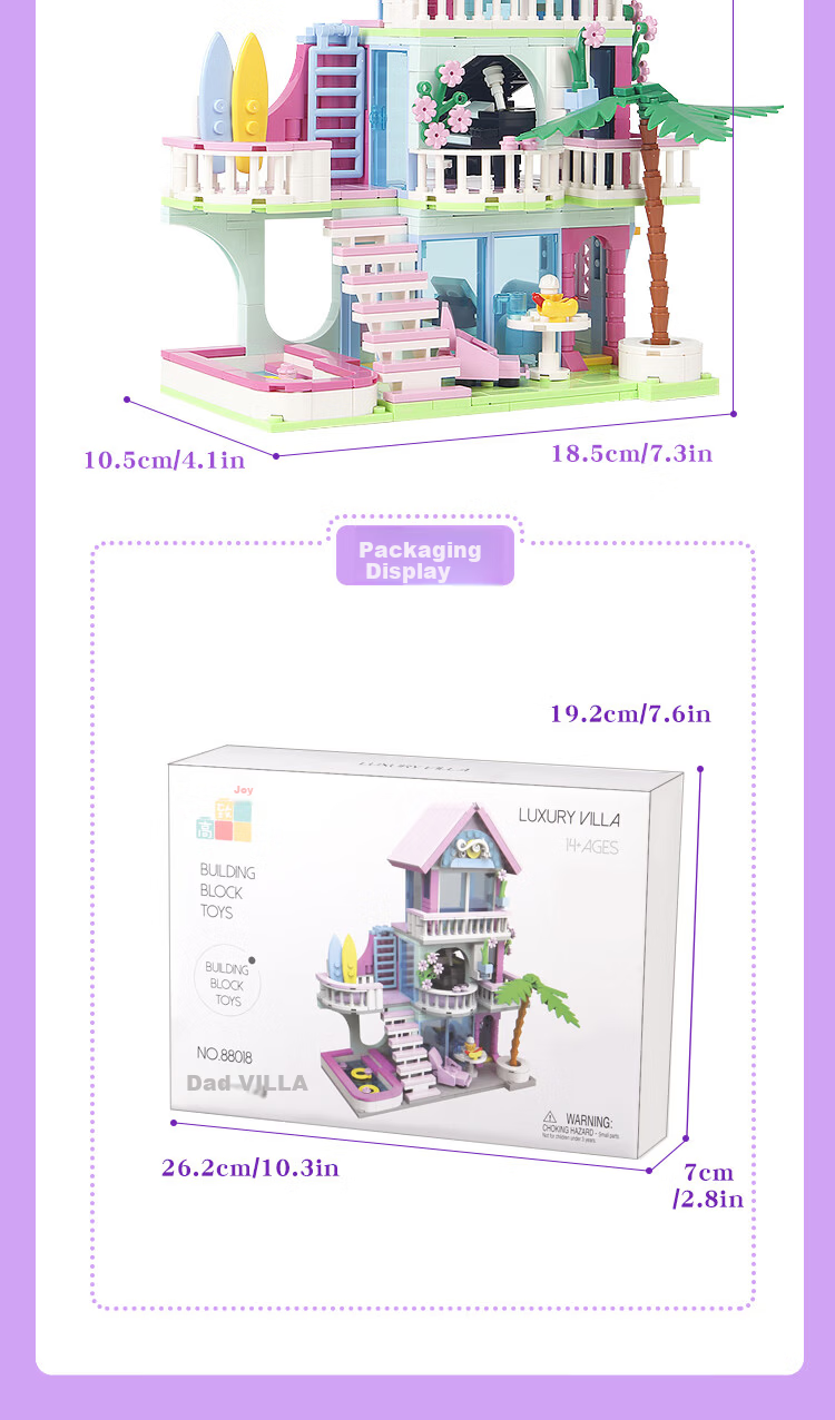 Gaozhile LE High-Difficulty Building Blocks Children's Educational Toy Girls Birthday Gift Summer Pink Villa Model 6-12 8