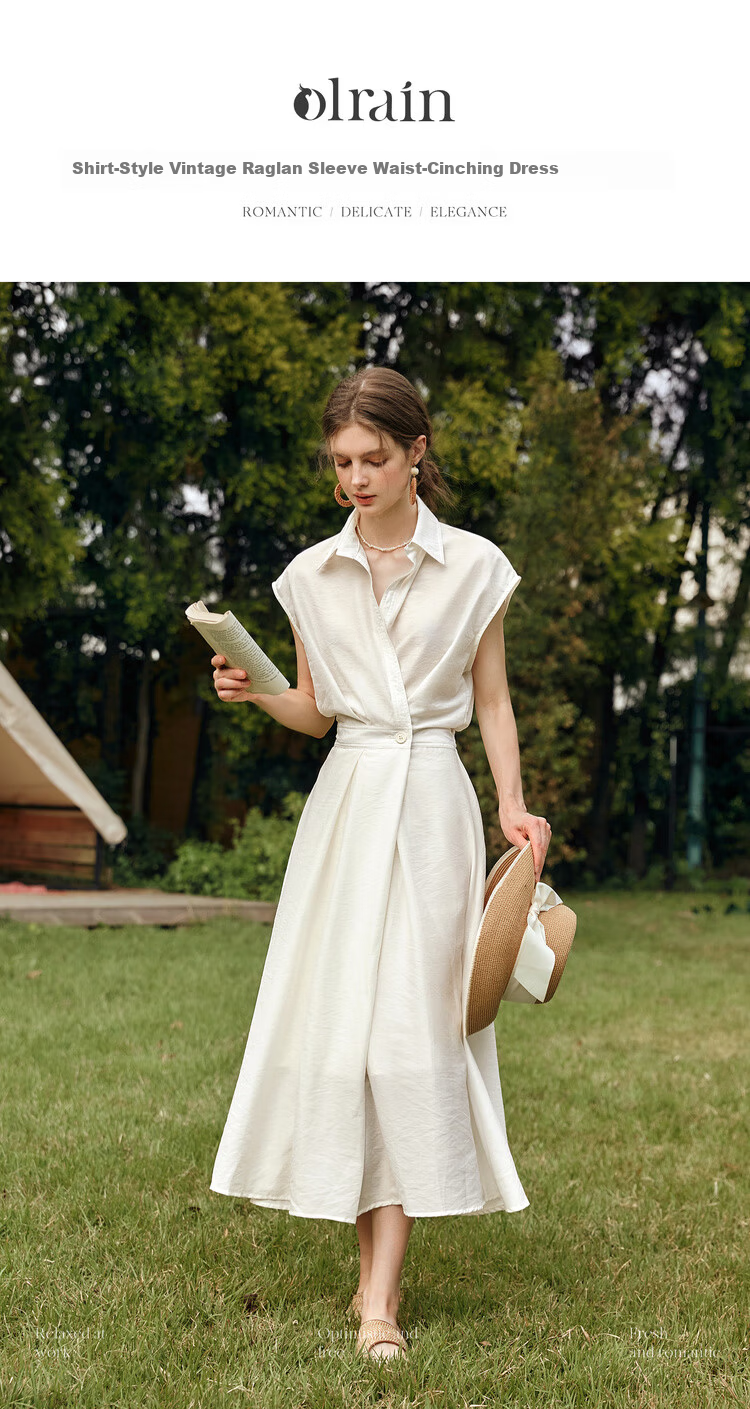 Olrain Eurielle Vintage Shirt-Style Raglan Sleeve Waist-Cinched Dress with Flared Skirt Women Beige L 1