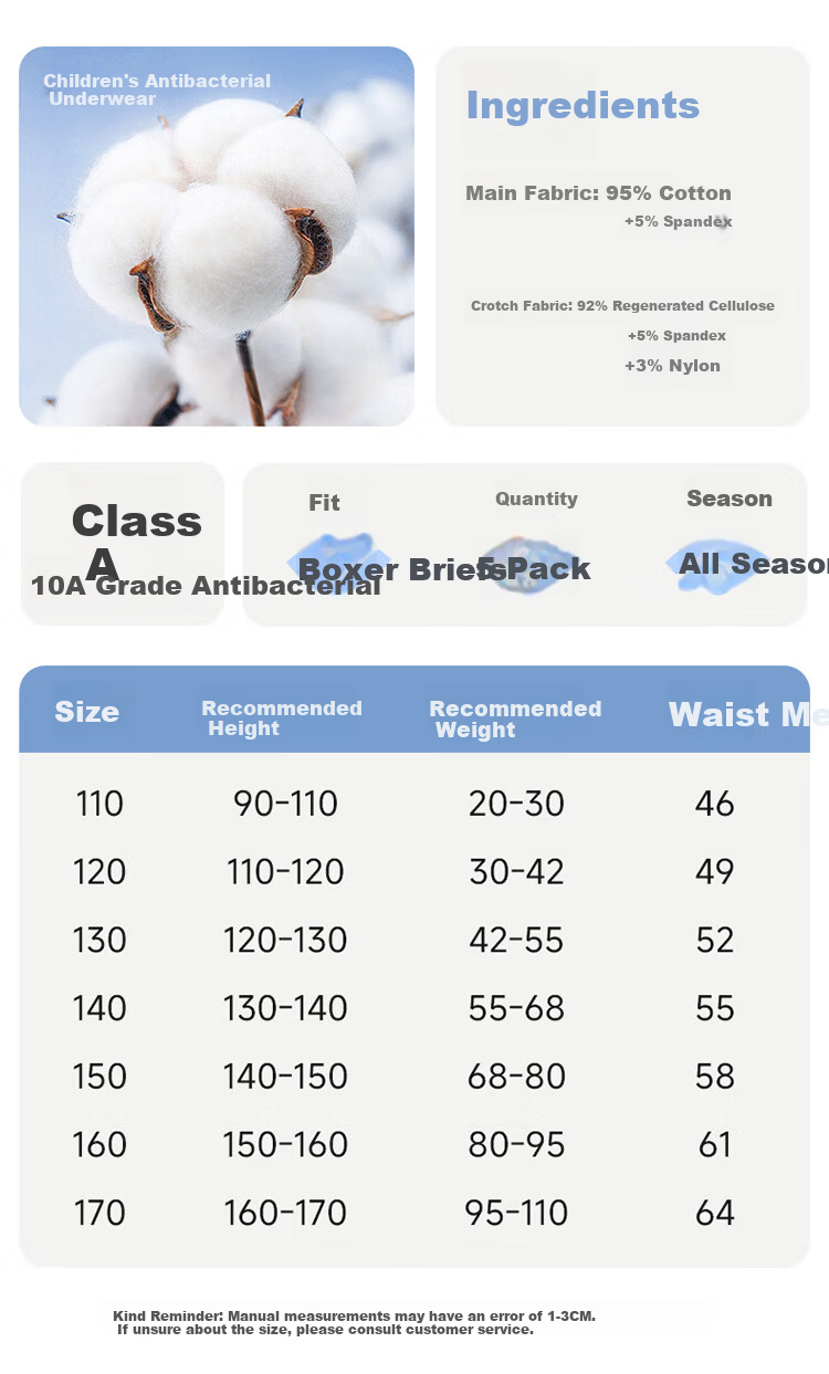 Bingxue Cotton Kids Boys Pure Cotton Class A Boxer Briefs 10A Antibacterial Four-Season Mid to Large Size Developmental Shorts 10