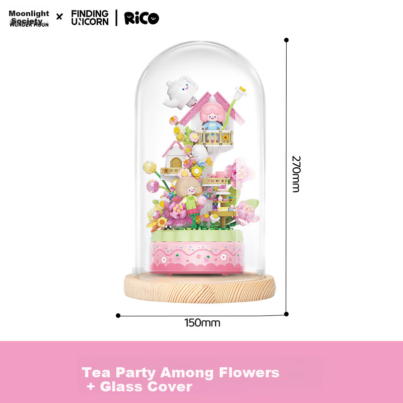 Moonlight Society x RiCO Unicorn Music Box Girl Birthday Gift Floral Tea Party with Glass Dome