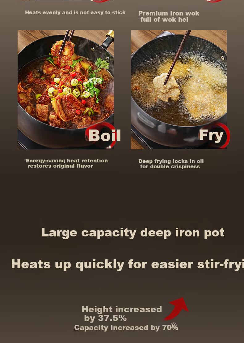 SUPOR Large Belly Wok Cast Iron Non-Coated Nitride Non-Stick Traditional Pumpkin Wok FC24D1 5