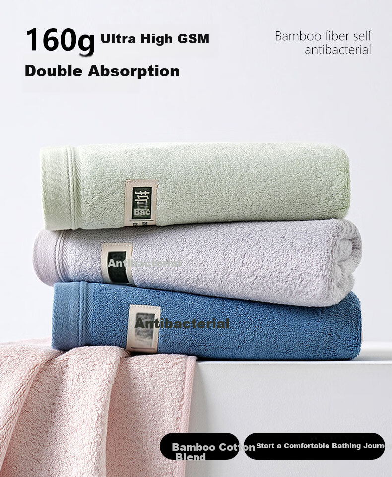 Bamboo 100 160g Thickened Bamboo Fiber Antibacterial Large Towel Absorbent Non-Shedding Adult Towel 35x76cm Blue 1