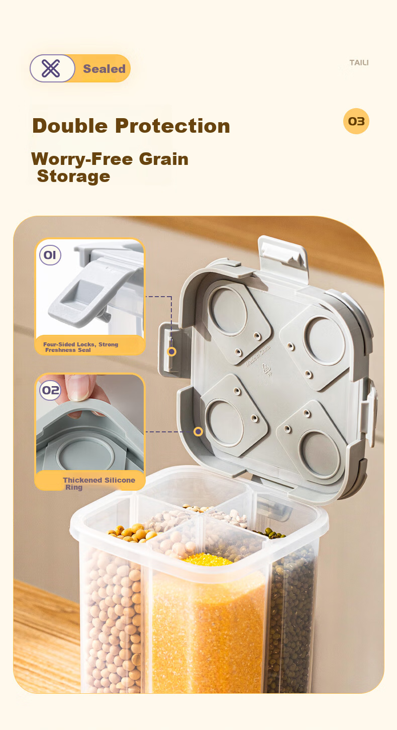 Taili Five-Grain Storage Box Sealed Jar Food-Grade Grain Rice Container Four-Compartment Cereal Bean Organizer 4