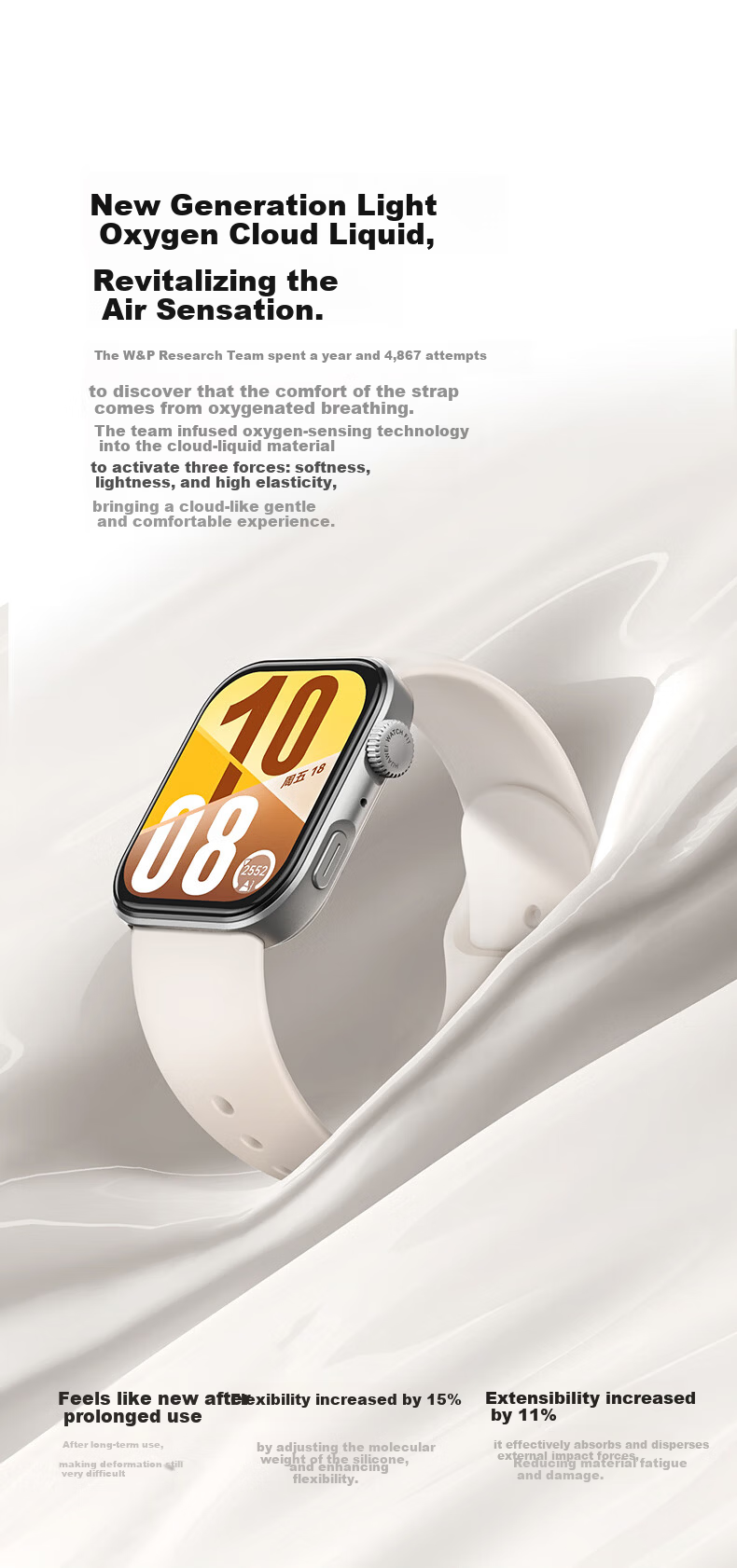 W&P Huawei Fit5 Sport Silicone Watch Band for Huawei Watch Fit5/4/3/4Pro 2025 New Breathable Liquid Silicone Pin Buckle Strap - Dynamic White 4