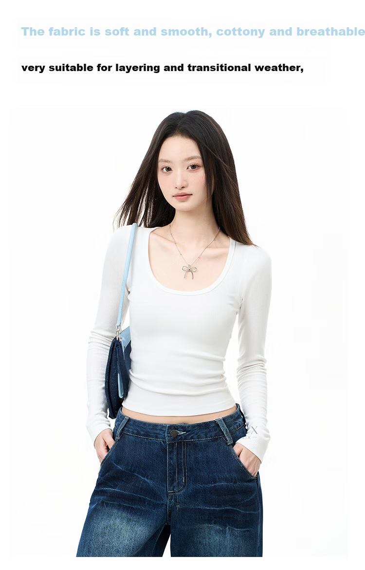 Ordifen Women's Fashion Large U-Neck Base Shirt 91% Xinjiang Cotton Spring Autumn Knit Brushed Long Sleeve Slim High Elasticity T-Shirt L 3