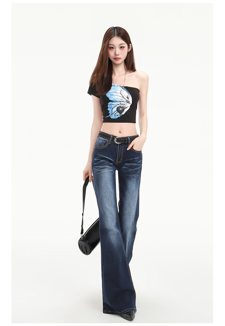 Pierre Cardin Women's Summer Denim Jeans American Style Low Waist Flared Loose Casual Long Pants Dark Blue L 25