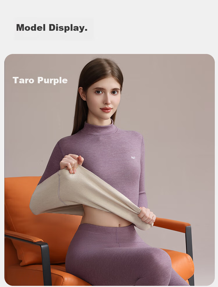 MiiOW [Wool Silk Mid-Neck] Women's Thermal Underwear Set, Fleece-Lined Thick Autumn Top And Bottom Base Layer Warm Set 14