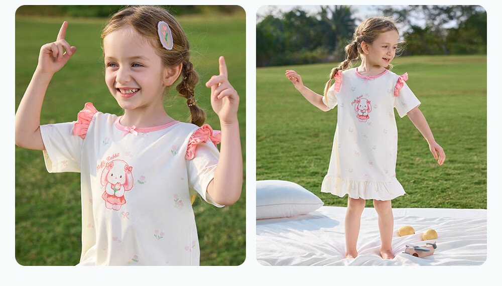 Betis Kids Homewear 2026 Summer New Thin Breathable Short Sleeve Nightdress Girls Pajamas Air Conditioning Dress with Lace 36