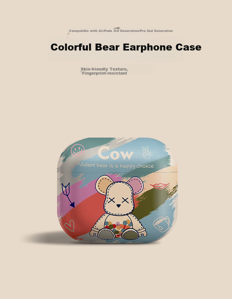 Beiyipin AirPods Pro 2 Protective Case Wireless Bluetooth Earphone Cover Shockproof Creative Non-Slip Shell Storage Box [Colorful Bear] 1