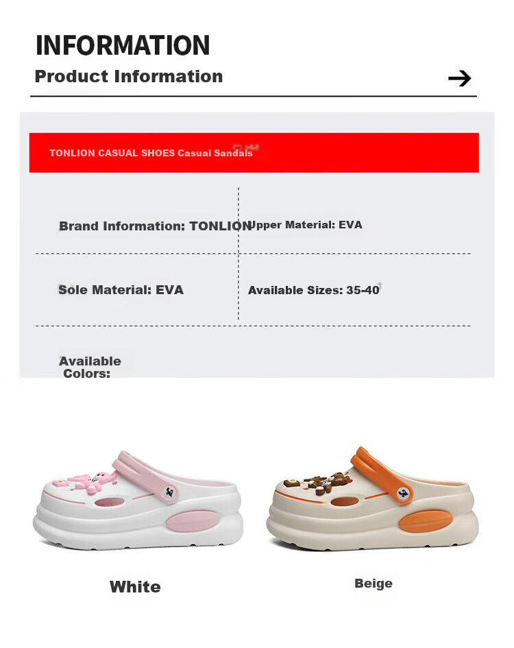 TonLion Women's Summer 2026 Hole Shoes Casual Thick-Soled Beach Sandals White Black Size 37/38 5