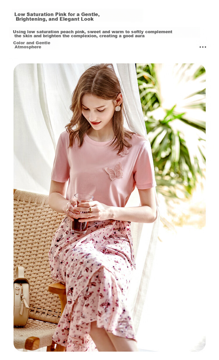 Olrain Embroidered Butterfly Short Sleeve T-Shirt Women Summer Casual Loose Top Pink (New Batch) L 6