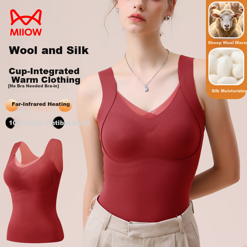 MiiOW Women's Thermal Vest Innerwear with Cashmere and Silk, Padded Camisole, Bra-Free, Fleece-Lined, Thickened, Red, Size L