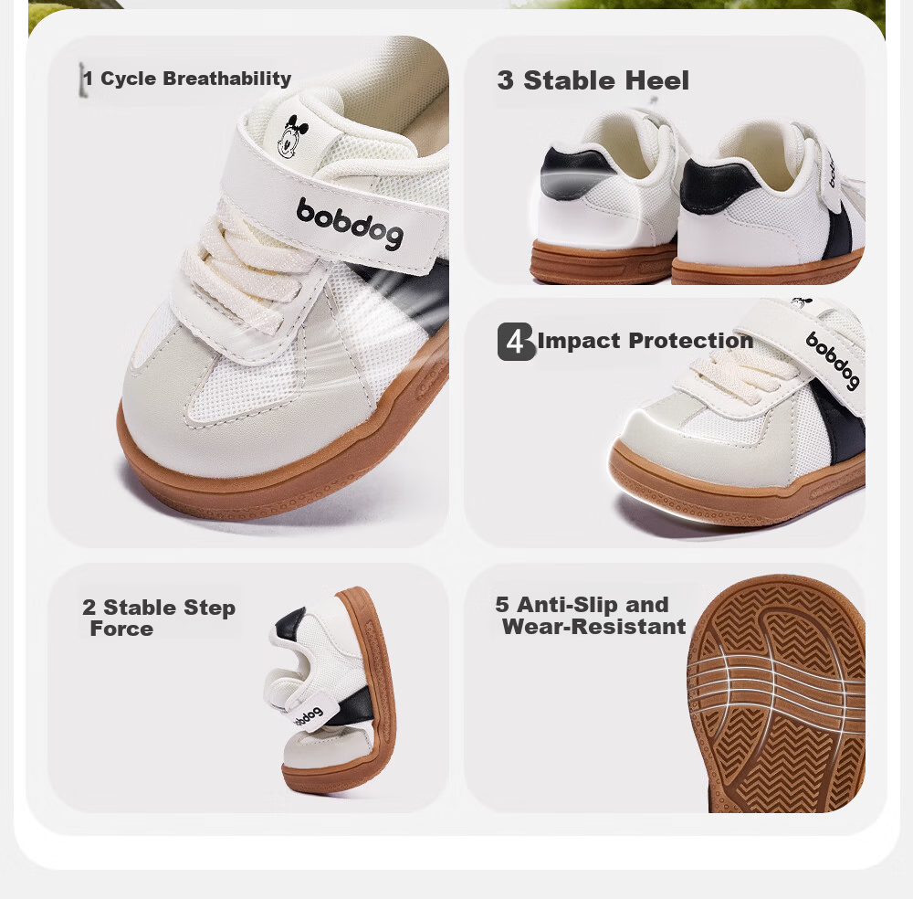 BOBDOG Toddler Baby First Walking Shoes Boys Girls Children's Trainer Shoes 2026 Spring New Soft Sole Non-Slip White Gray Size 19 7