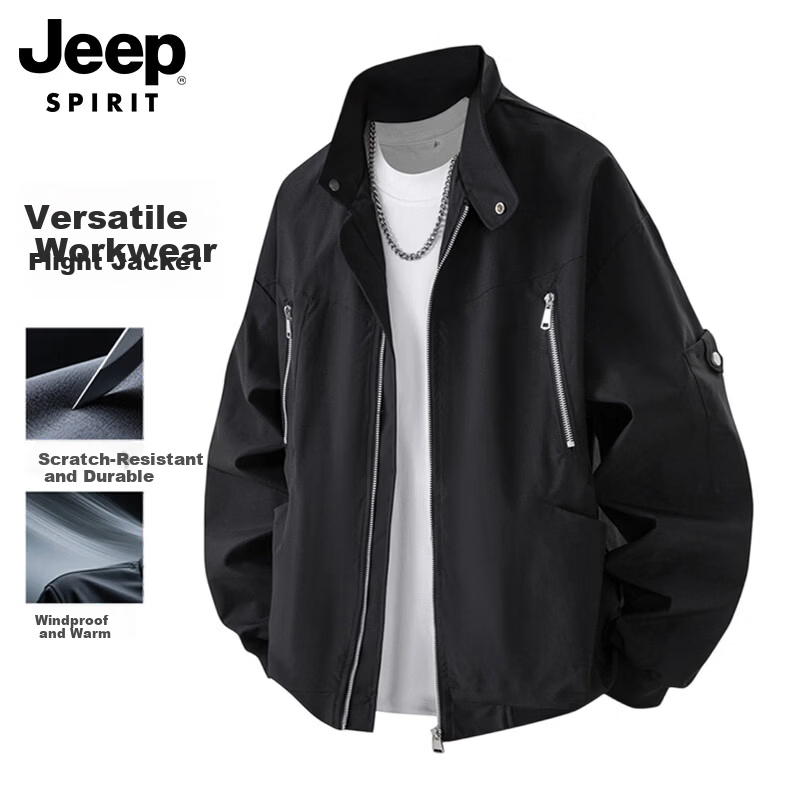 JEEP SPIRIT Men's American Style Flight Jacket Spring Casual Loose Workwear Coat Black M