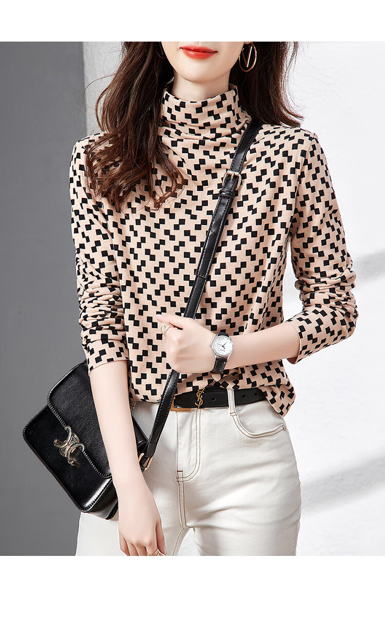 Dme [Comfortable And Skin-Friendly] Semi-Turtleneck Base Layer Women's Top Inner Wear Plaid Comfortable Base Shirt 1
