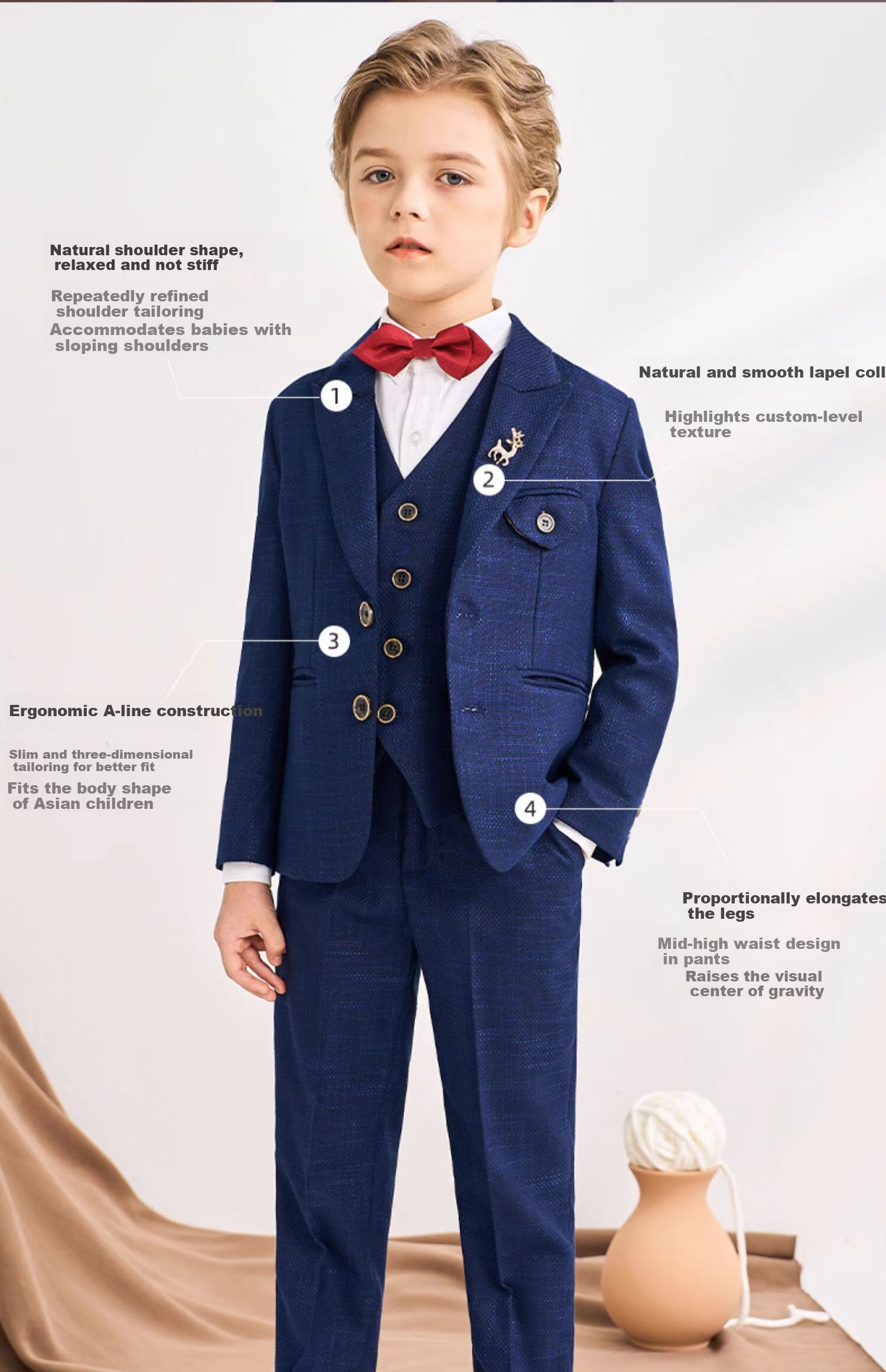 Romon Children's Suit Formal Wear Stylish British Flower Boy Set Boys Navy Blue Honeycomb Fleece Five-Piece Set Size 110 14