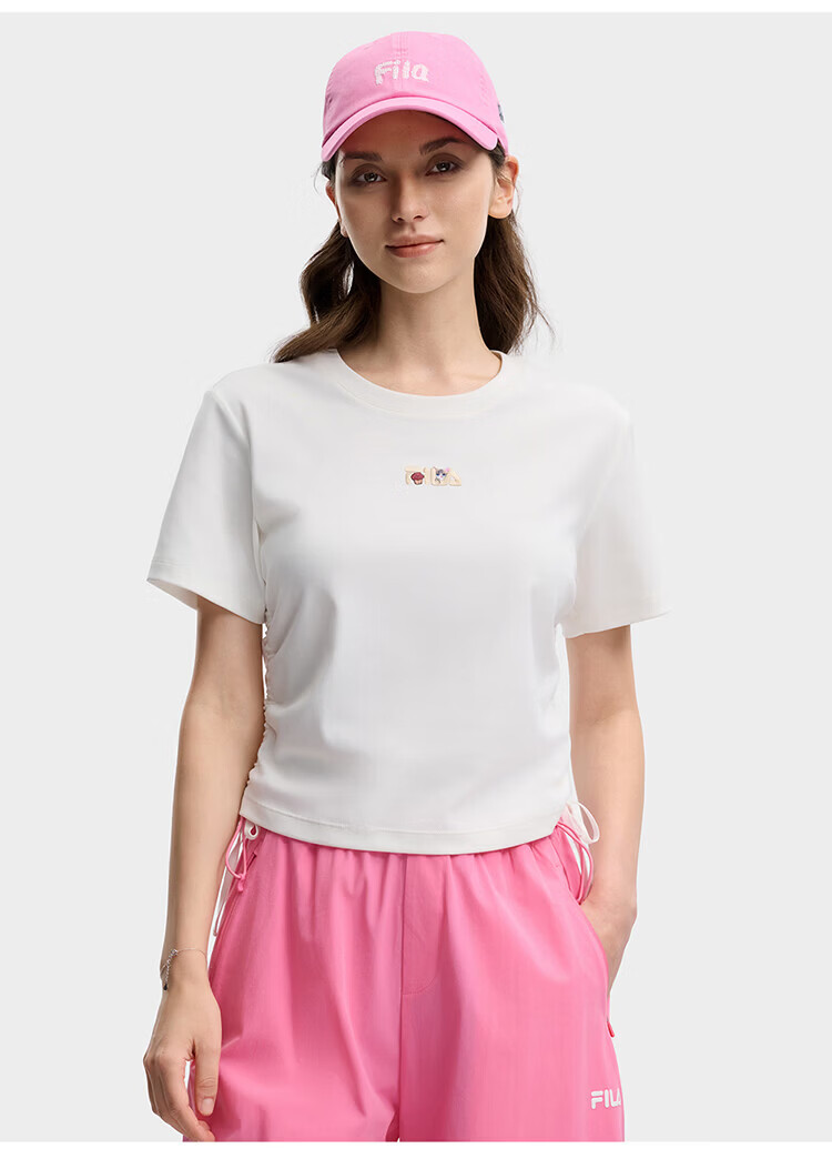 FILA Yang Mi Same Style Knitted Short Sleeve Shirt Women 2026 Summer Side Drawstring Fashion Casual Embroidered Logo Slim T-Shirt 48