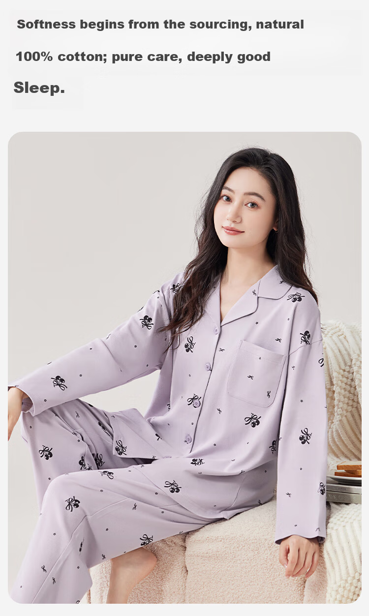 LangSha 100% Cotton 10A Antibacterial Women's Pajama Set Spring Summer Pure Cotton Cardigan Loungewear Suitable for Outdoor Wear 2026 8