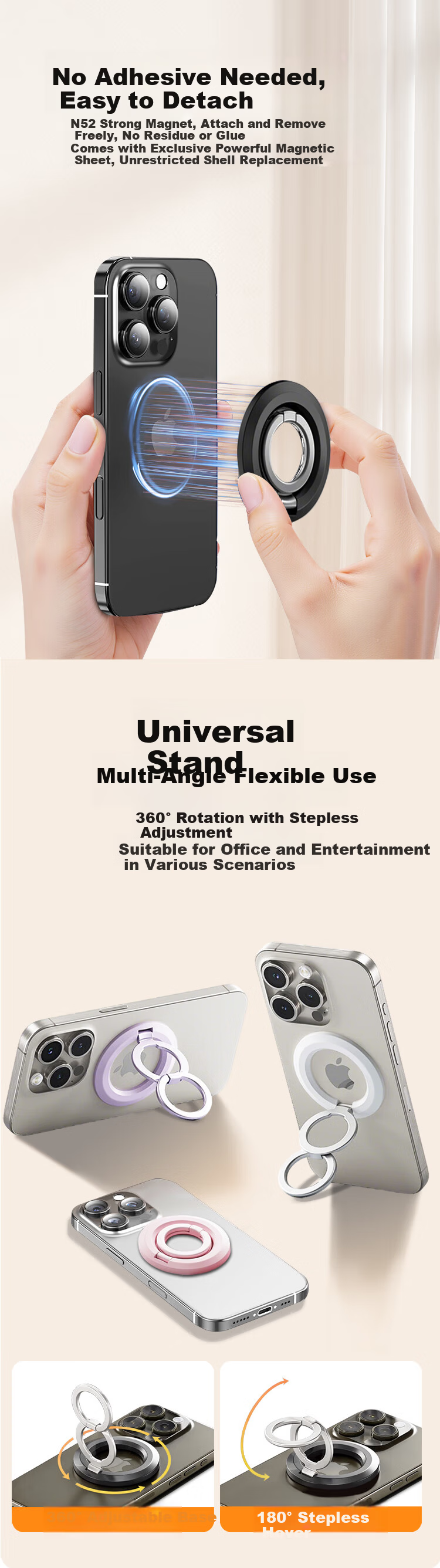 BZBC Dual-Ring Magnetic Car Mount Phone Holder Double-Sided Magnetic MagSafe 360° Rotating Ring Grip Adhesive Fixator 2