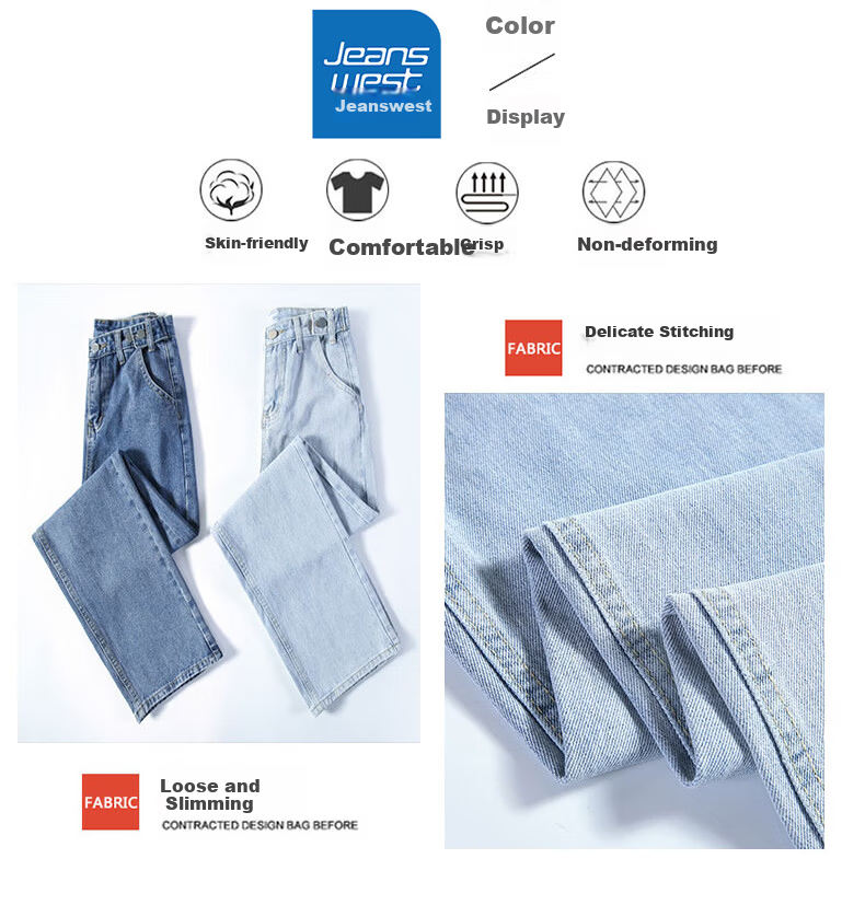 Jeanswest Women's Summer Thin High-Waist Wide-Leg Slim Straight-Leg Light Blue Jeans S 12